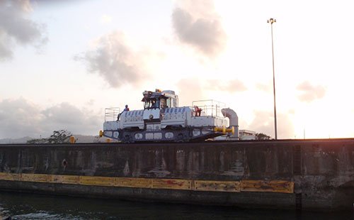 These rail engines, called "mules," run along both sides of the Panama Canal to pull large ships through without requiring them to use their engines.