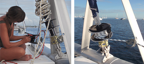 Lara replaces chafed furling line, Before & After